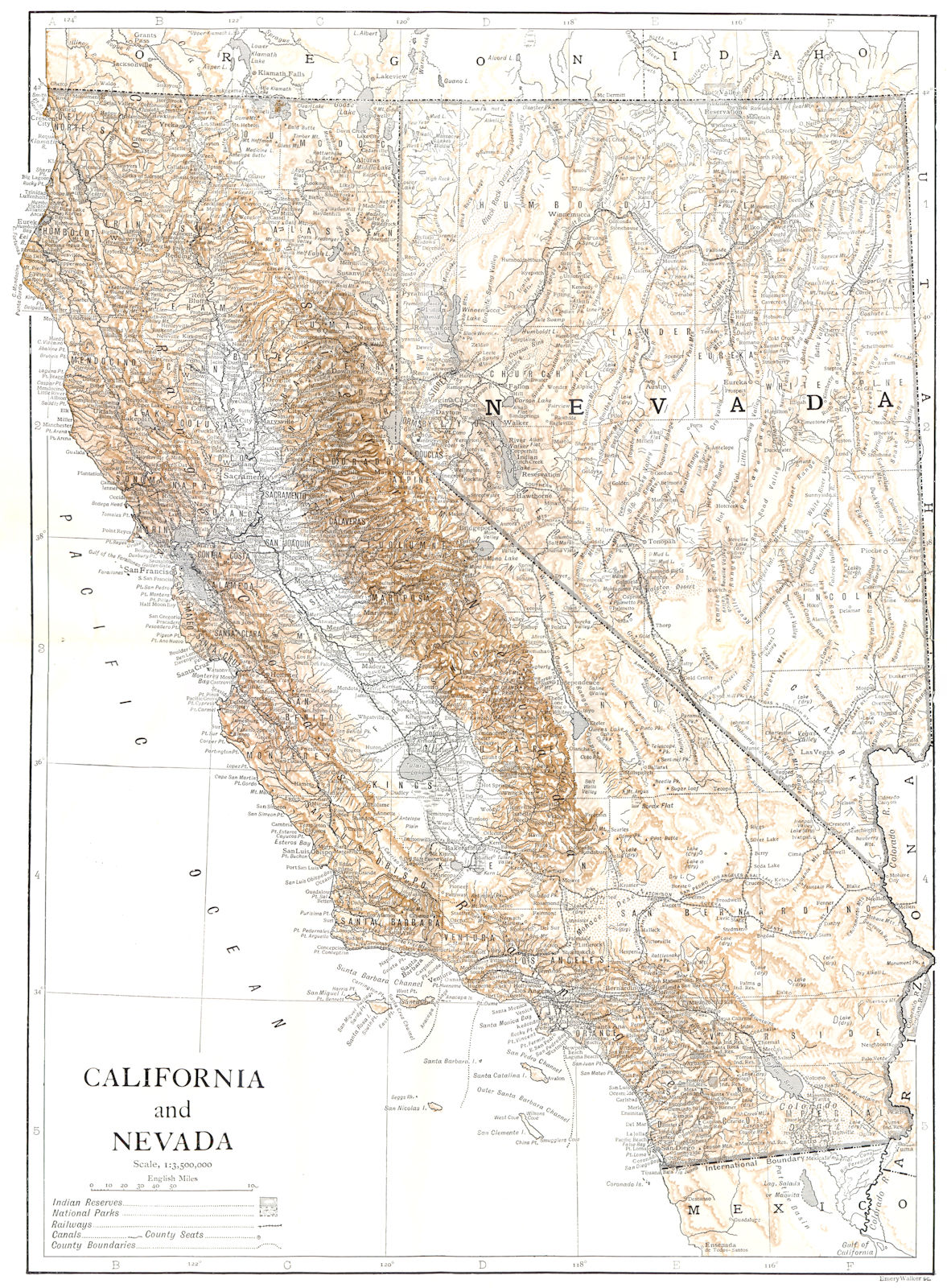 CALIFORNIA AND NEVADA. State map showing counties 1910 old antique chart