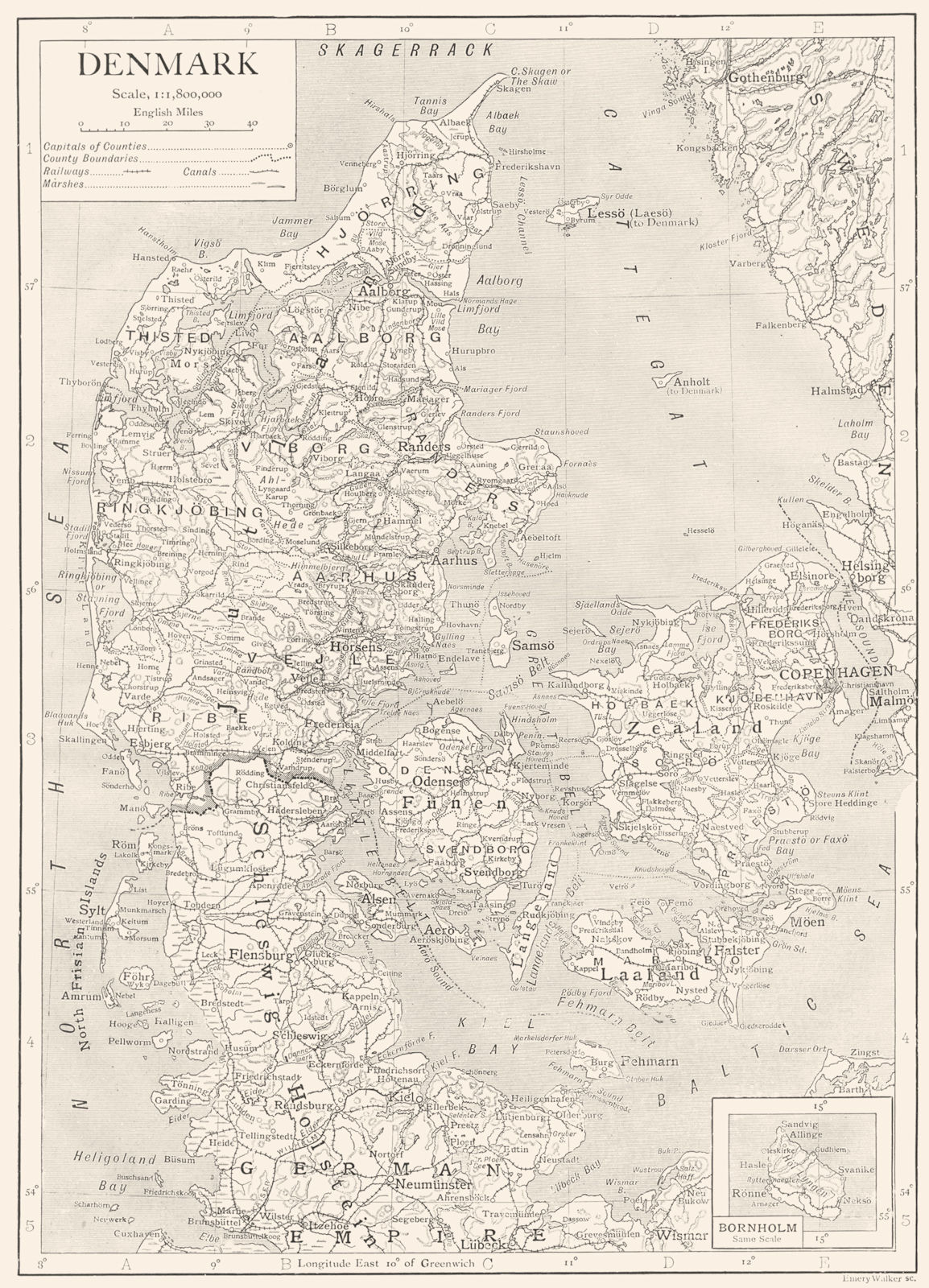 DENMARK. Denmark; Inset map of Bornholm 1910 old antique plan chart