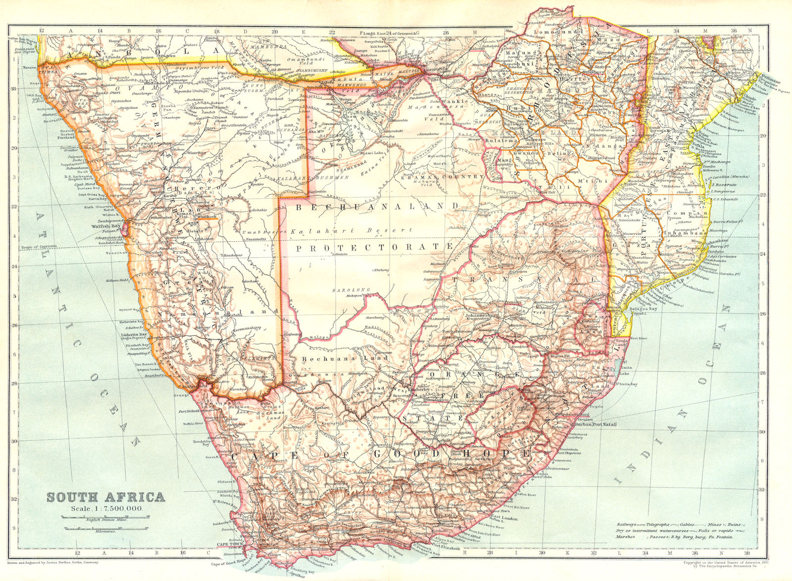 SOUTHERN AFRICA. South Africa Namibia Botswana Mozambique Rhodesia 1910 map