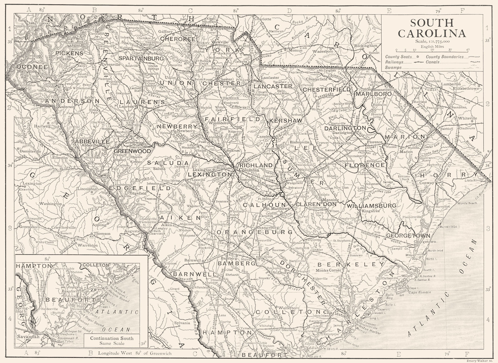 SOUTH CAROLINA. South Carolina state map showing counties 1910 old antique