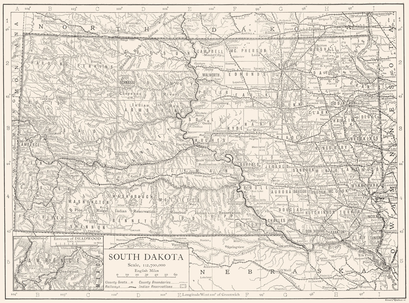 SOUTH DAKOTA. South Dakota state map showing counties; Inset  Deadwood 1910