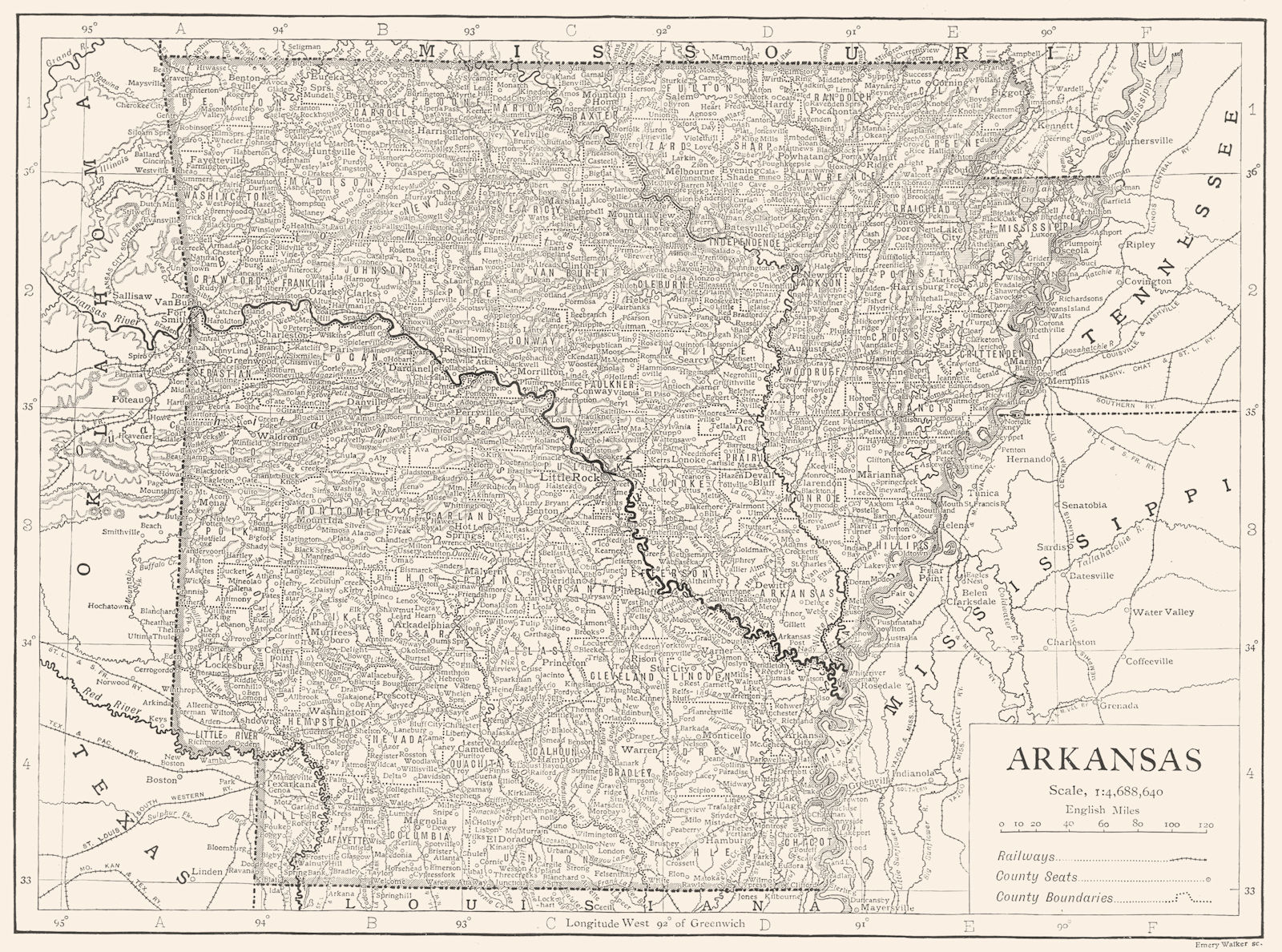 ARKANSAS. Arkansas state map showing counties 1910 old antique plan chart
