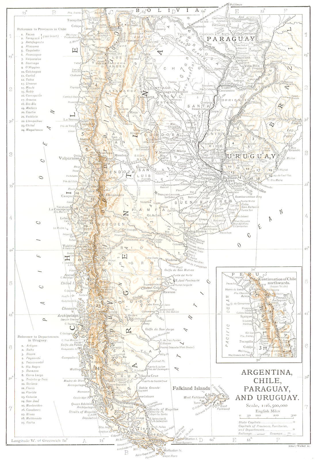 Associate Product SOUTH AMERICA. Argentina, Chile, Paraguay, and Uruguay 1910 old antique map