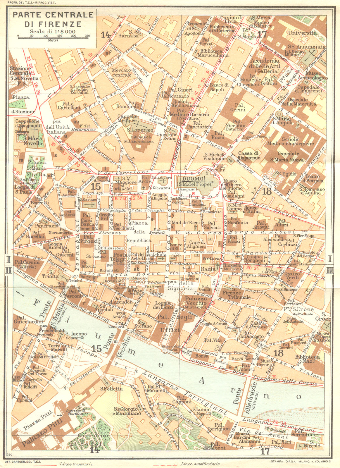 ITALY. Parte Centrale di Firenze 1950 old vintage map plan chart