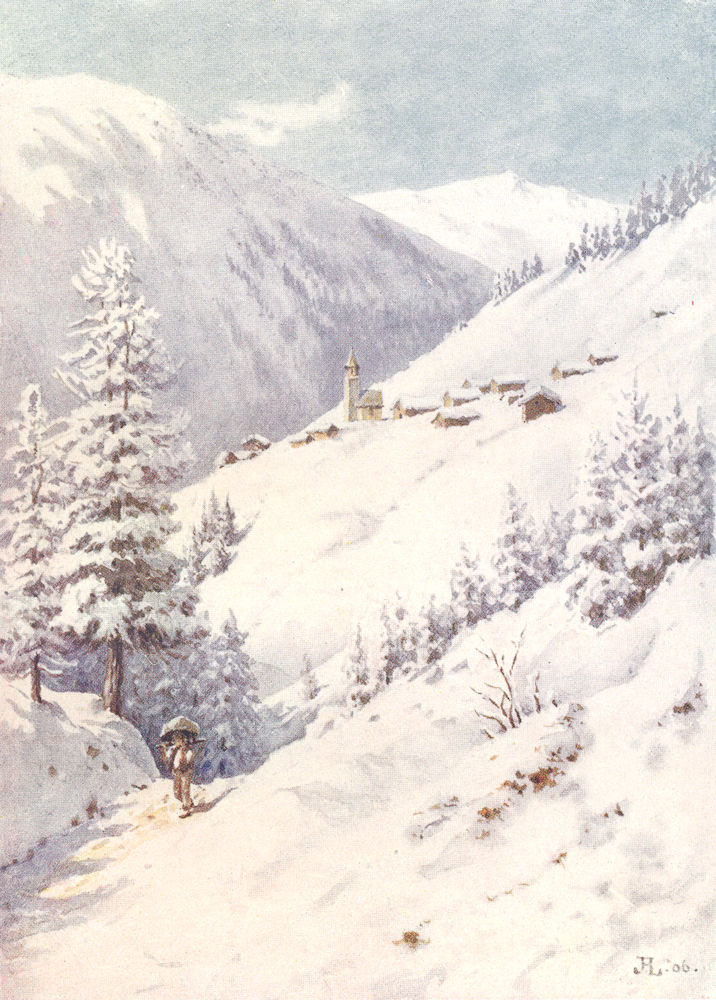 SWITZERLAND. A High Alpine Village in Winter 1917 old antique print picture