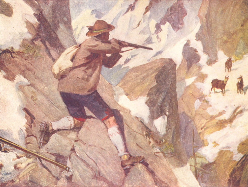 SWITZERLAND. Hunting the Chamois 1917 old antique vintage print picture