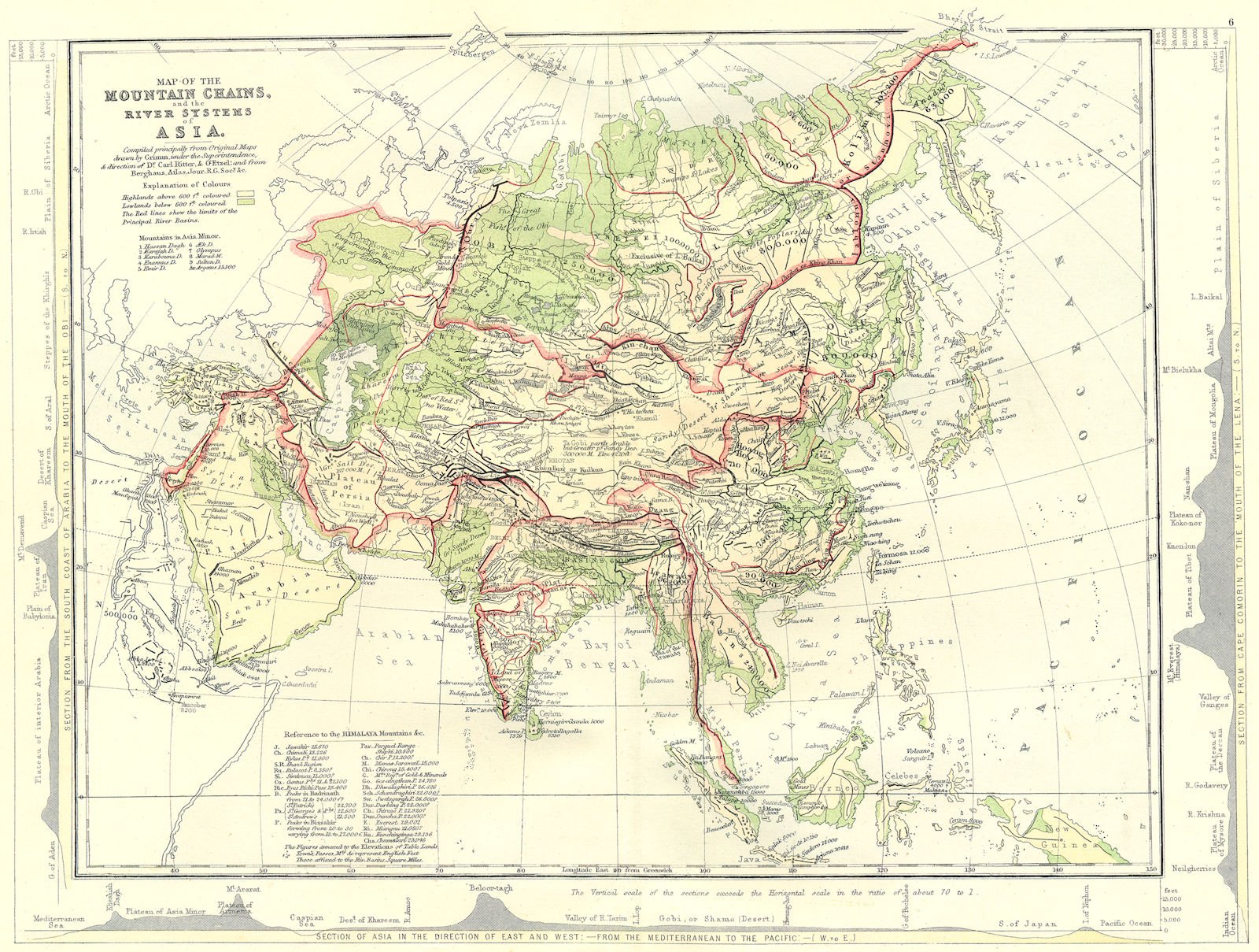 Associate Product ASIA. Map of the Mountain Chains and the River systems of Asia 1881 old