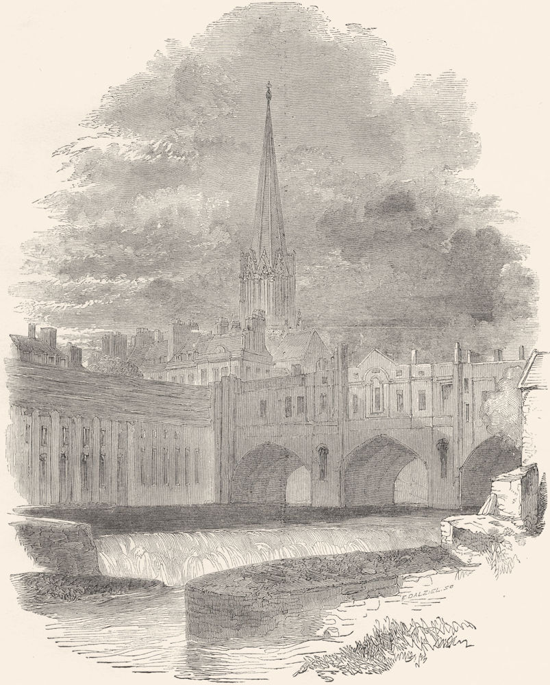 BATH. Pulteney Bridge, from the Bathwick Weir 1850 old antique print picture
