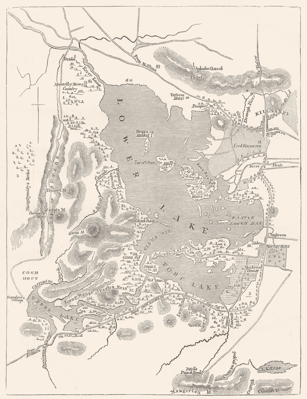 IRELAND. The Lakes of Killarney. Map of Killarney 1850 old antique chart