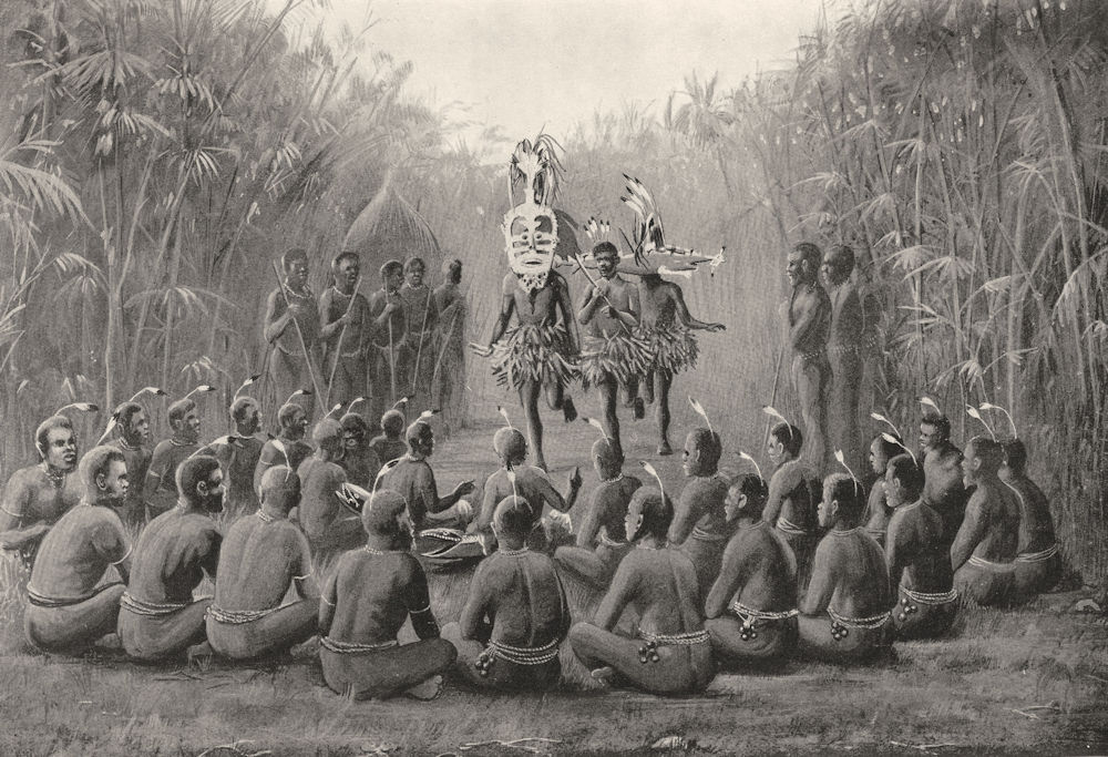 Associate Product MELANESIA. Initiation ceremony Torres straits; secret society 1900 old print