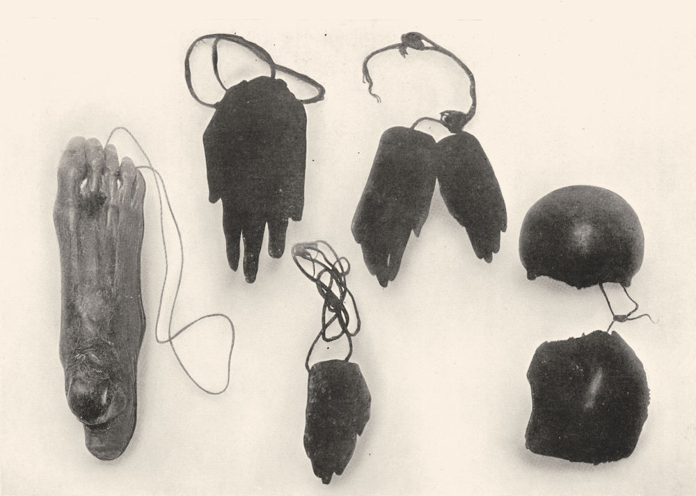 NEW GUINEA. Melanesia. Human Ornaments; Dried & smoked foot, hands & skull 1900