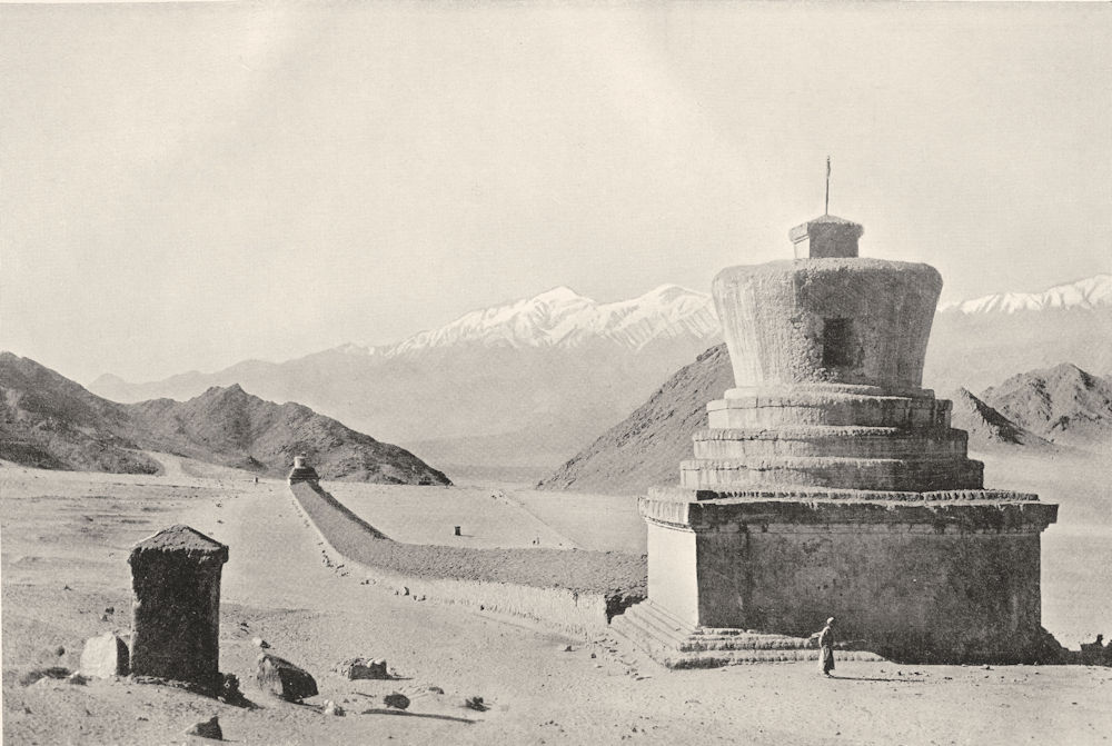 TIBET. A Sacred wall; A Tibetan Mani-wall; relic-towers, or chortens 1900