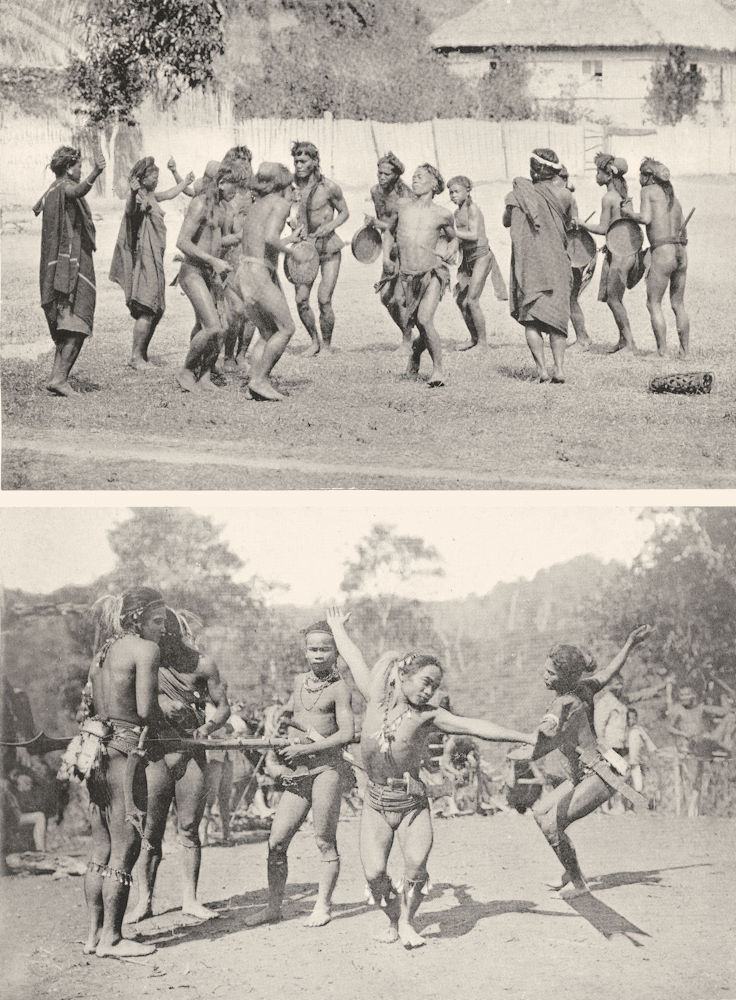 PHILIPPINES. Igorot and Ilongot dances;  1900 old antique print picture
