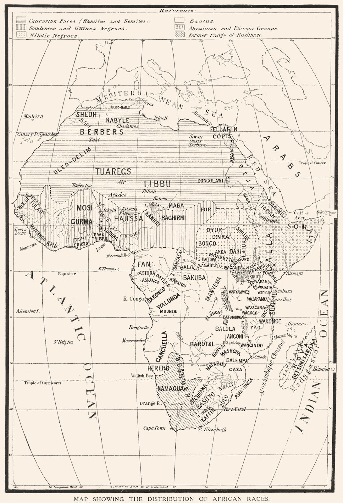 AFRICA. Sketch map showing the distribution of African Races tribes 1900