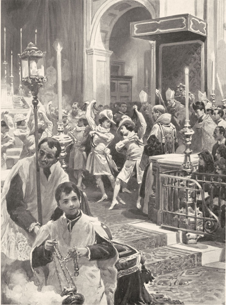 SPAIN. A Religious Dance, Seville; Holy week boys before High Altar 1900 print
