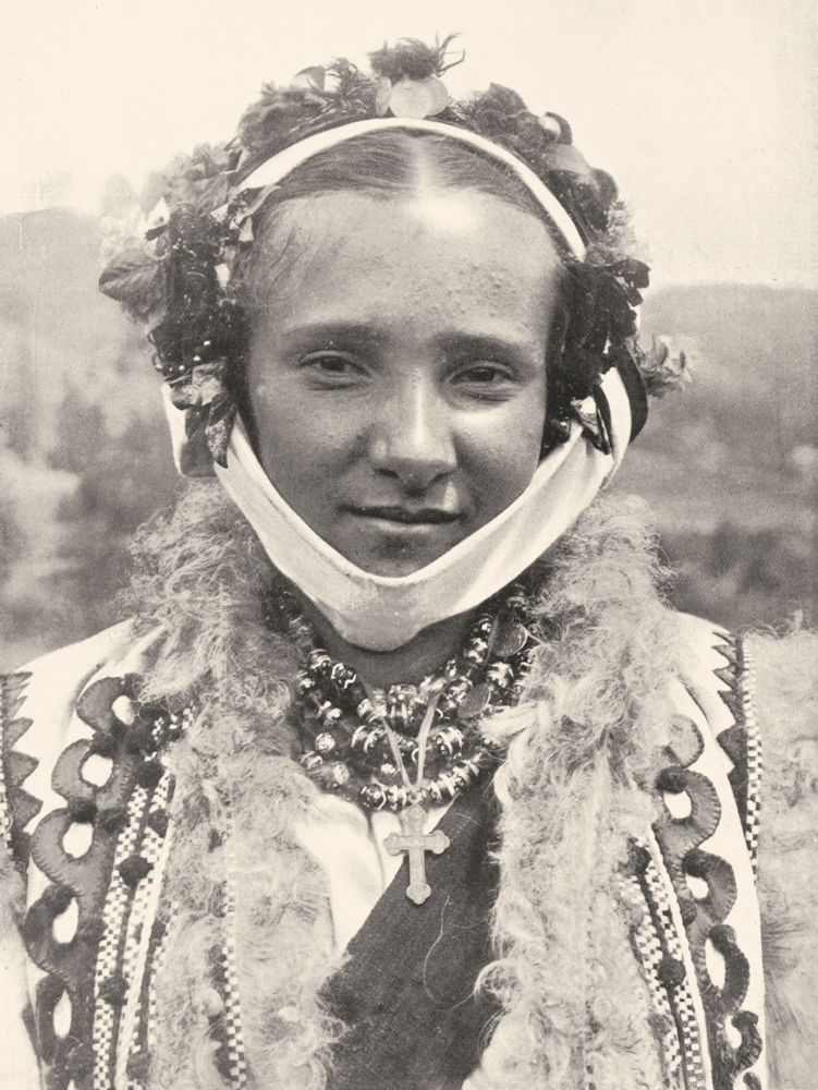 UKRAINE. A Ruthenian bride wearing the Bridal wreath;  1900 old antique print