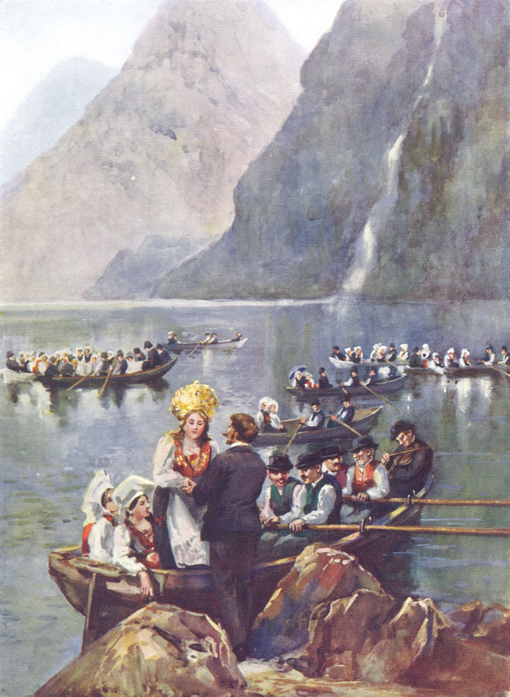 Associate Product NORWAY. A Wedding procession, Norway; on the water. Boats. Bridal crown 1900