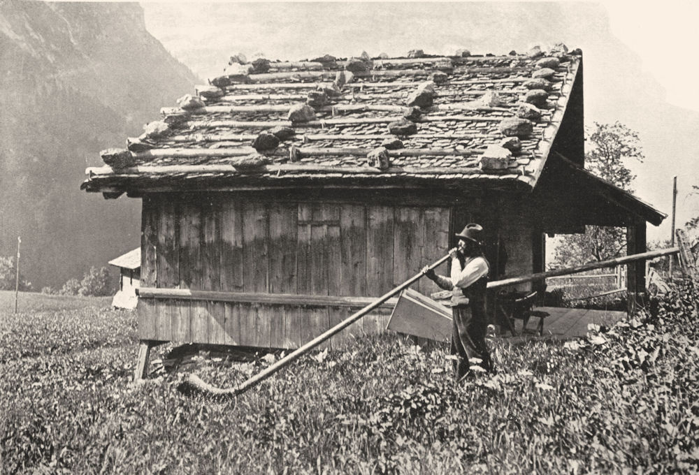 SWITZERLAND. Alpine horn; call cows high pastures. Herdsman 1900 old print