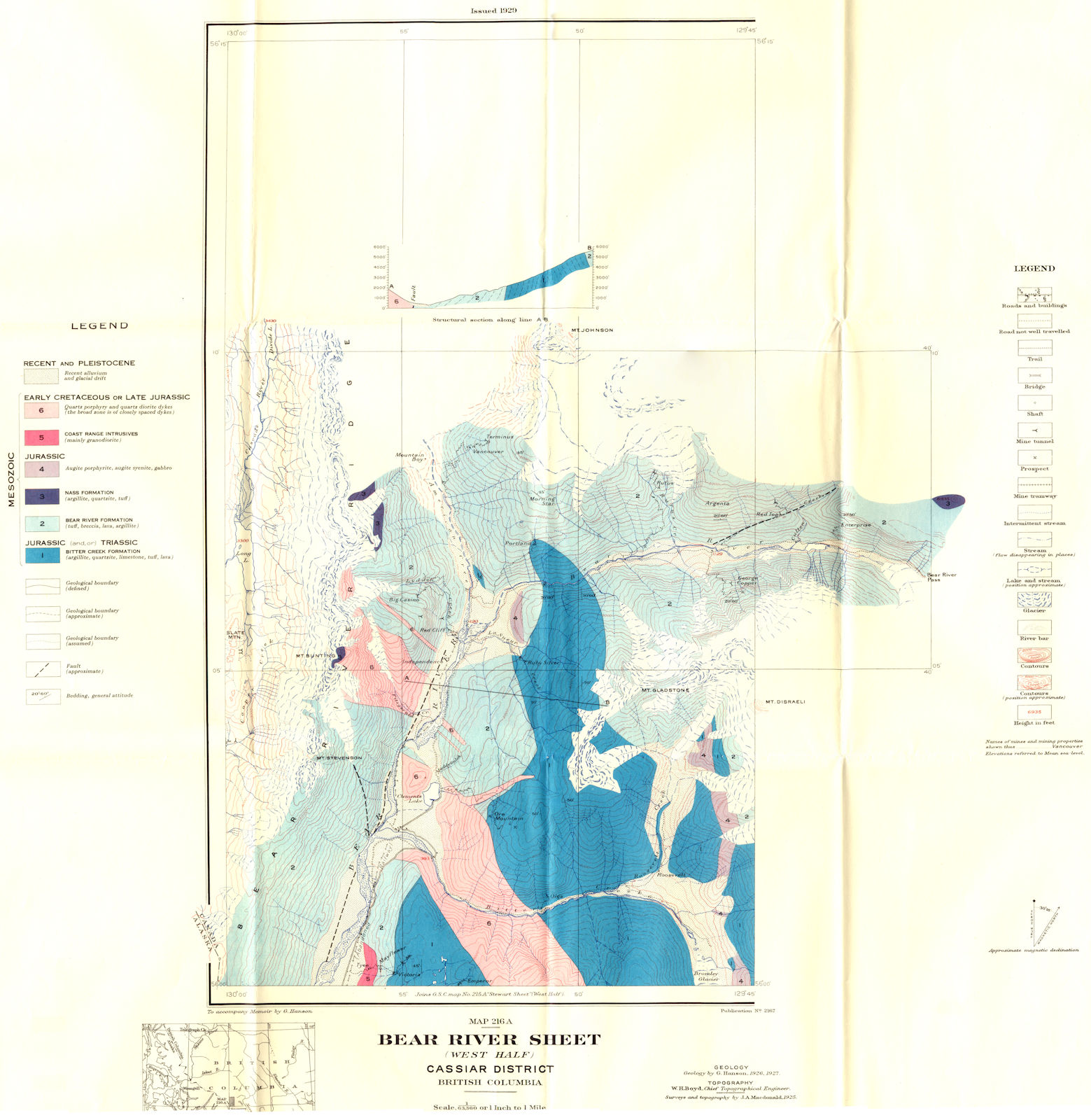 CANADA. Bear river sheet west Cassiar district British Columbia Geology 1929 map