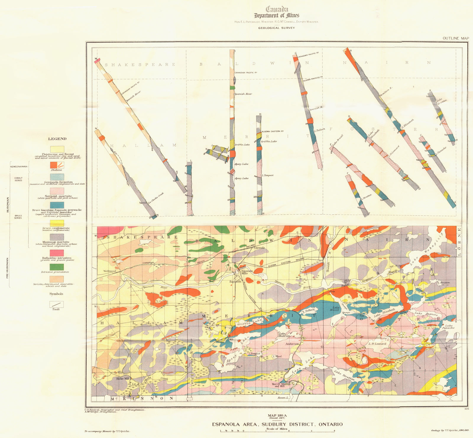 Associate Product CANADA. Map 180A Espanola Area, Sudbury district, Ontario. Geological 1917