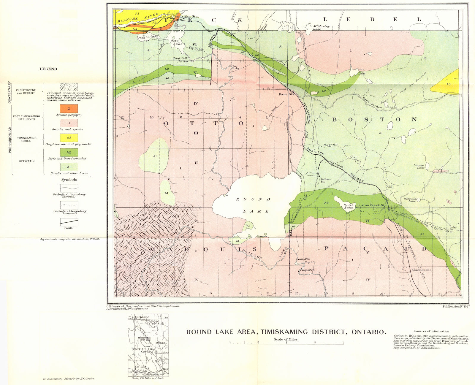 CANADA. Round lake area, Timiskaming district, Ontario. Geological 1922 map