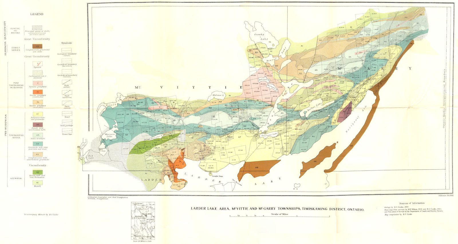 ONTARIO. Larder lake, McVittie McGarry townships, Timiskaming. Geology 1922 map