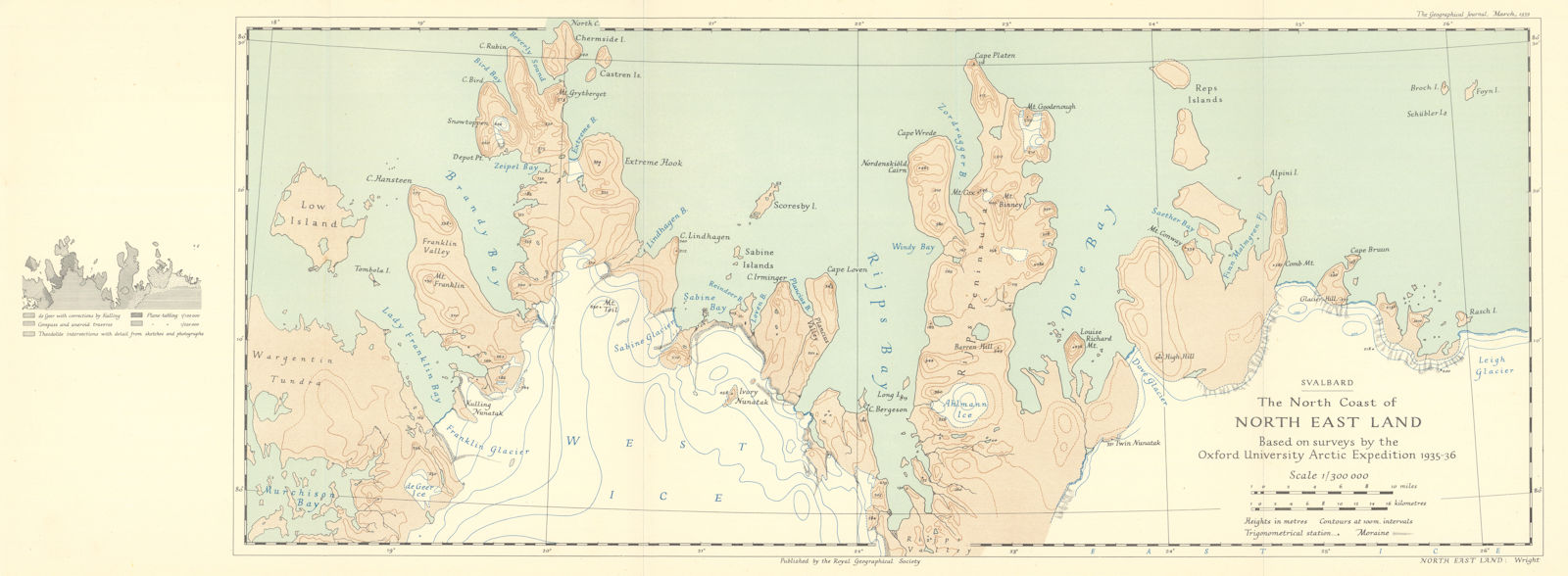 Nordaustlandet Svalbard. North East Land N coast OUAE 1935/6 RGS/Wright 1939 map