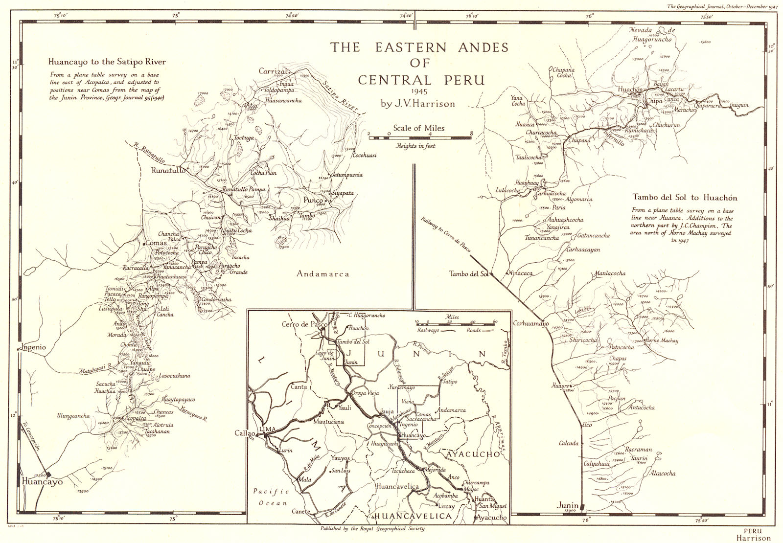 PERU. Eastern Andes 1945. Huancayo Satipo Tambo del Sol Haunchon. RGS map 1948