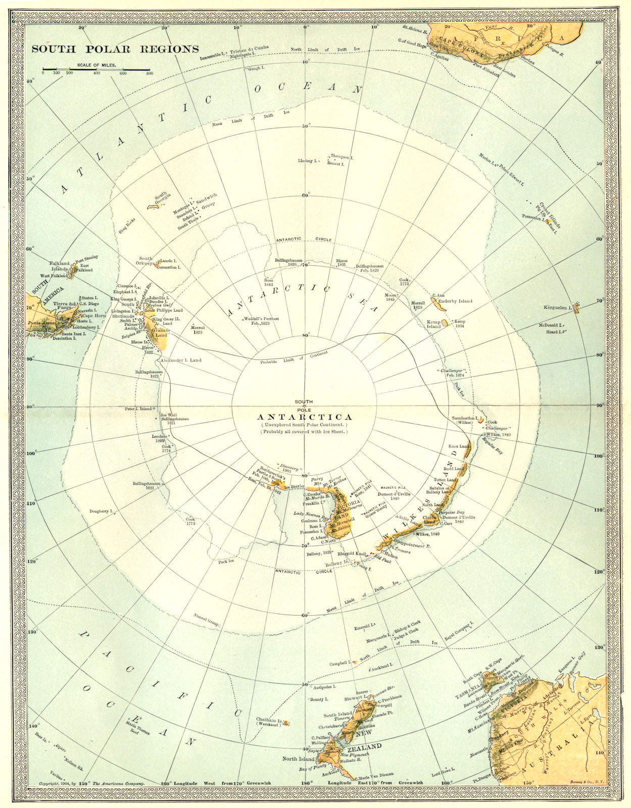 Unexplored ANTARCTICA. South Polar Regions. Explorers' positions 1907 old map