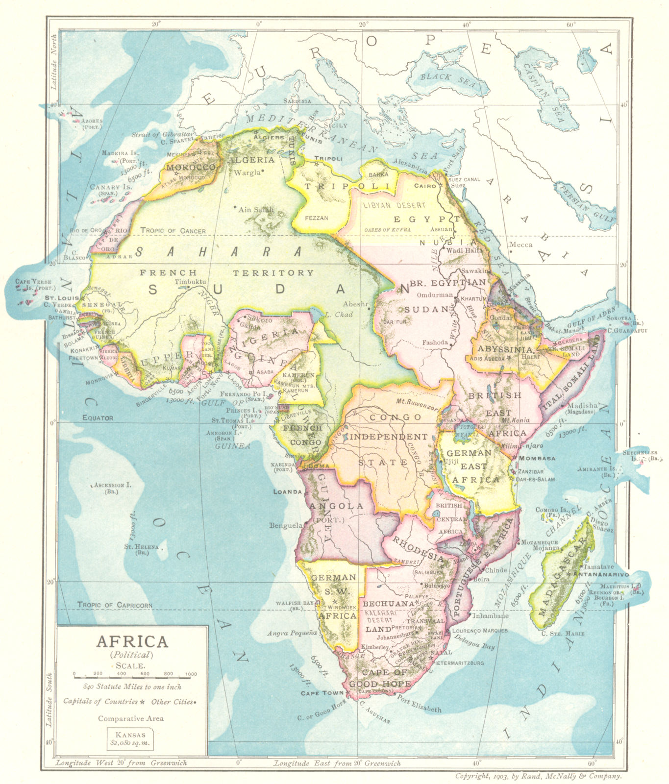 COLONIAL AFRICA. Abyssinia British East Africa Rhodesia French Sudan 1907 map