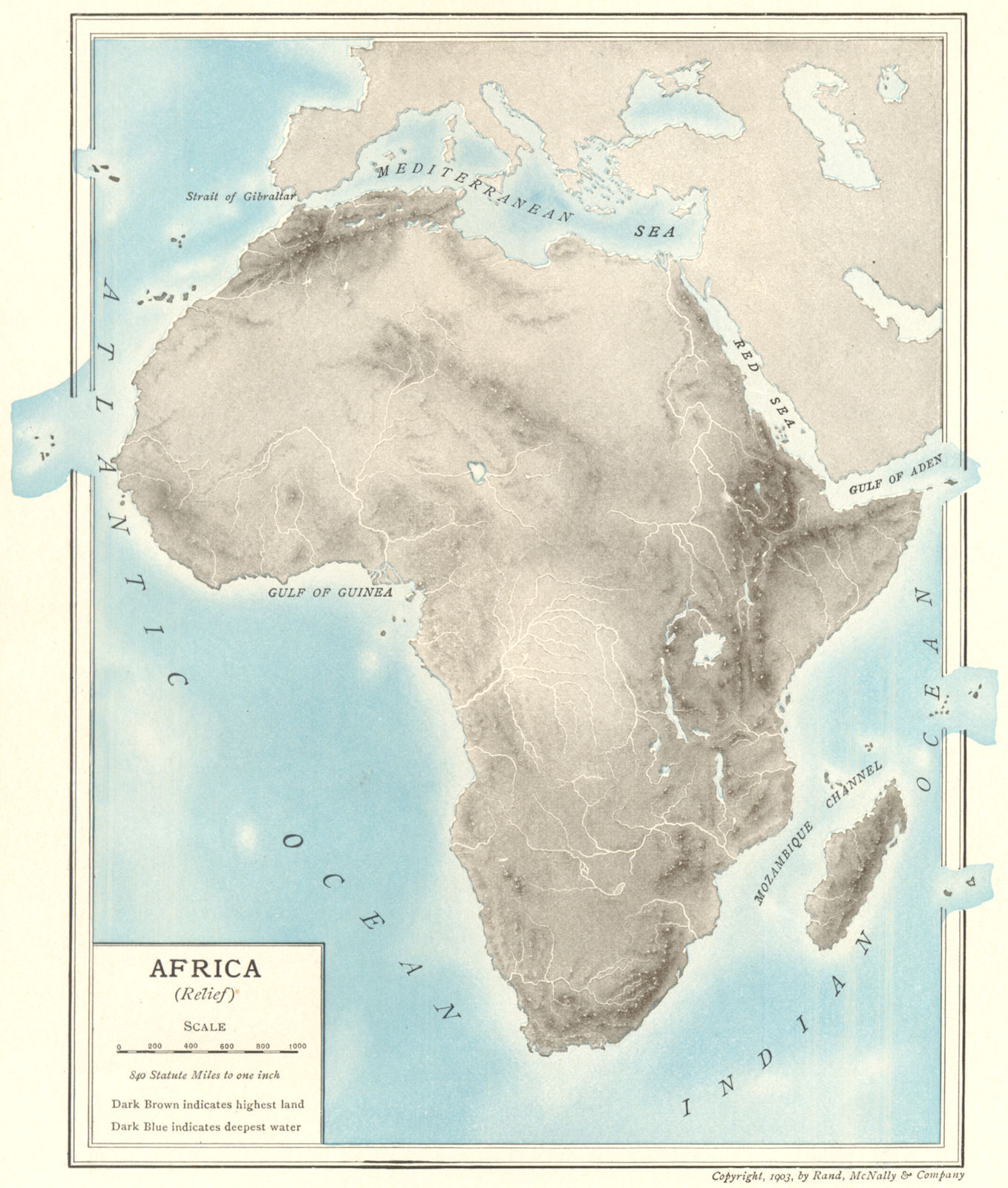 Associate Product AFRICA PHYSICAL. relief rivers mountains lakes 1907 old antique map plan chart