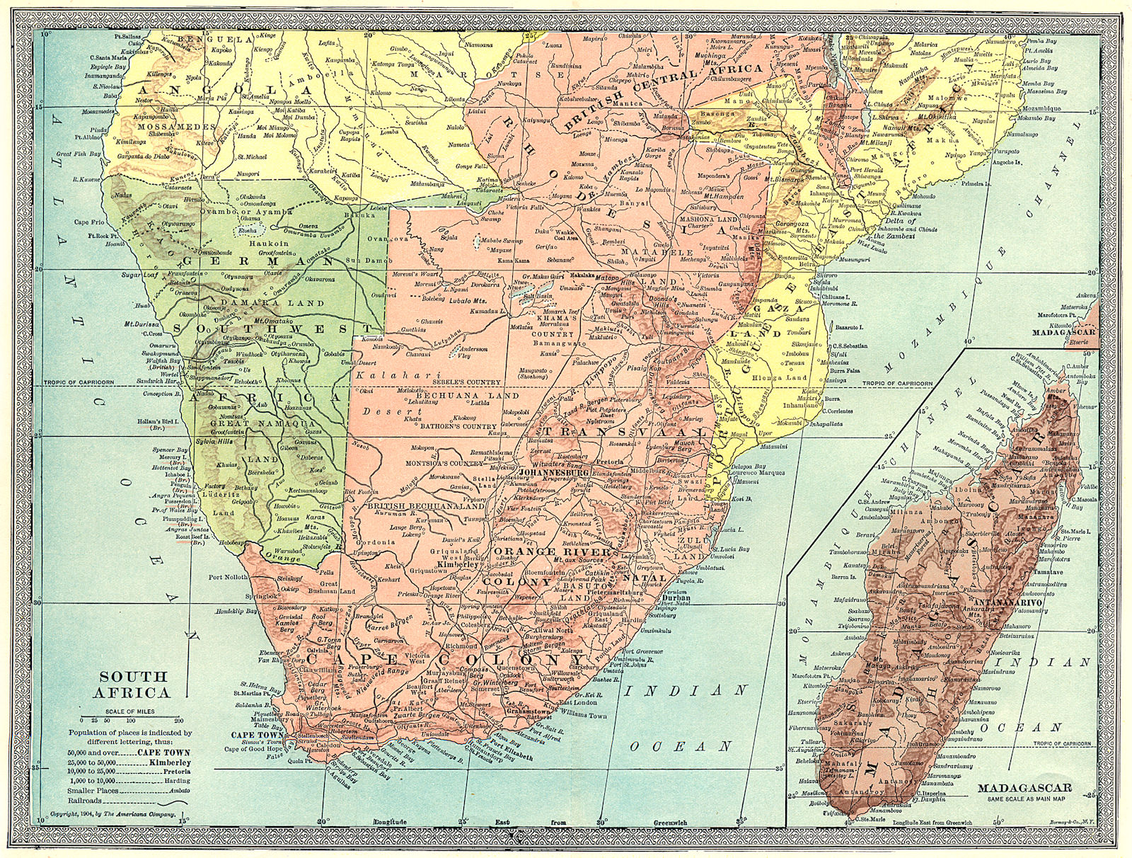 COLONIAL SOUTHERN AFRICA. Rhodesia. German Southwest Africa. Madagascar 1907 map