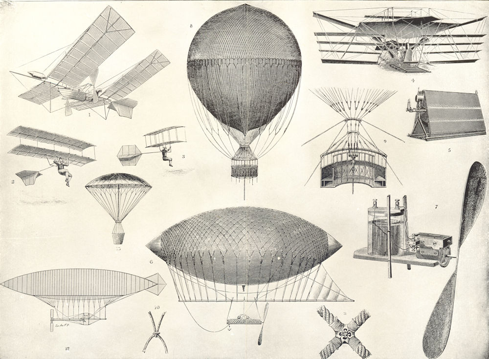 FLYING MACHINES. Langley,Chanute Glider;Maxim;Balloon;Santos-Dumont Airship 1907