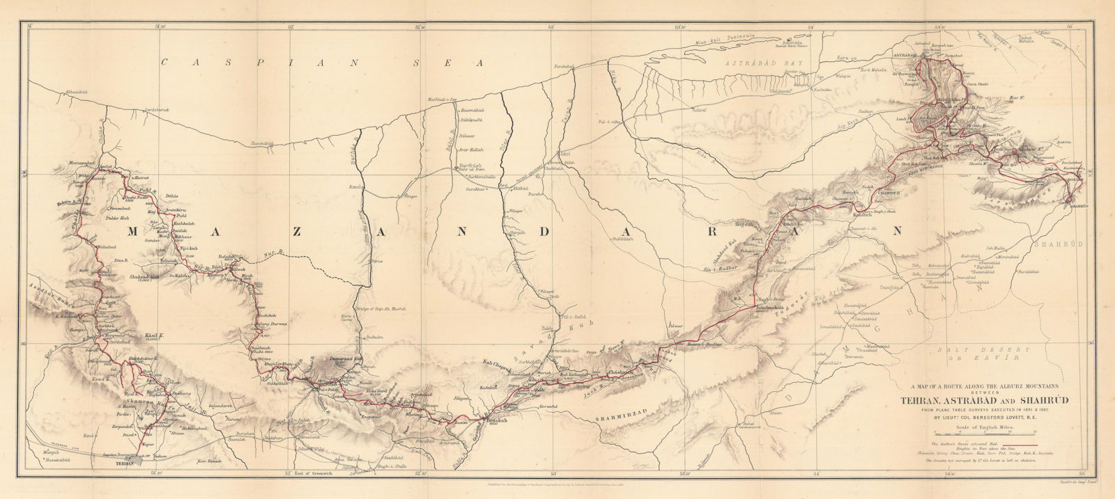 Associate Product Alburz mountain route between Tehran, Astrabad & Shahrud. RGS/Lovett 1883 map