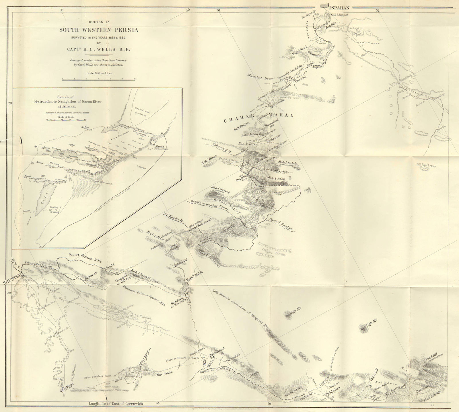 Associate Product IRAN. SW Routes survey 1881-82 West sheet; Karun river Ahwaz 1883 old map