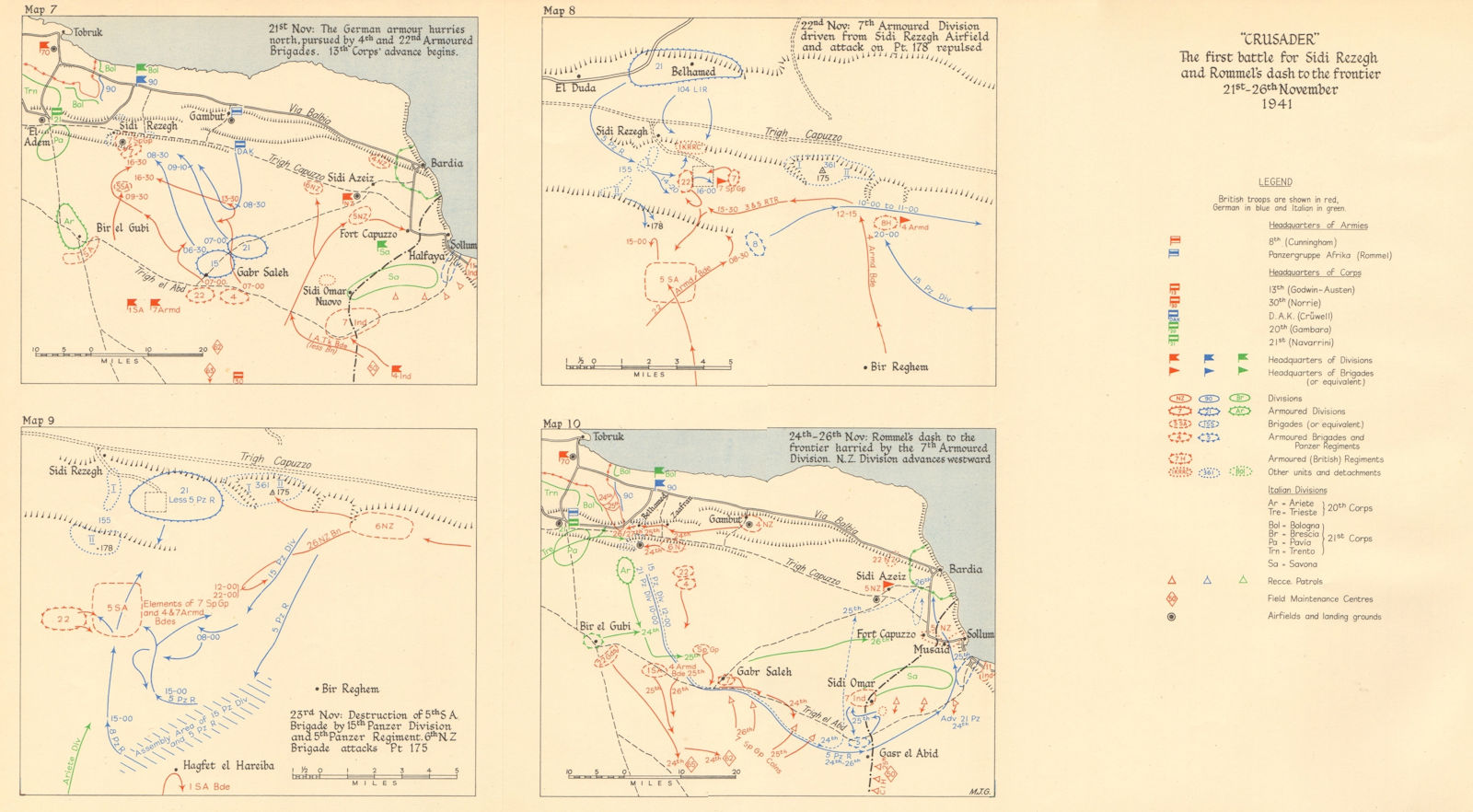 Operation Crusader Battle of Sidi Rezegh Rommel 21-26 November 1941 WW2 1960 map