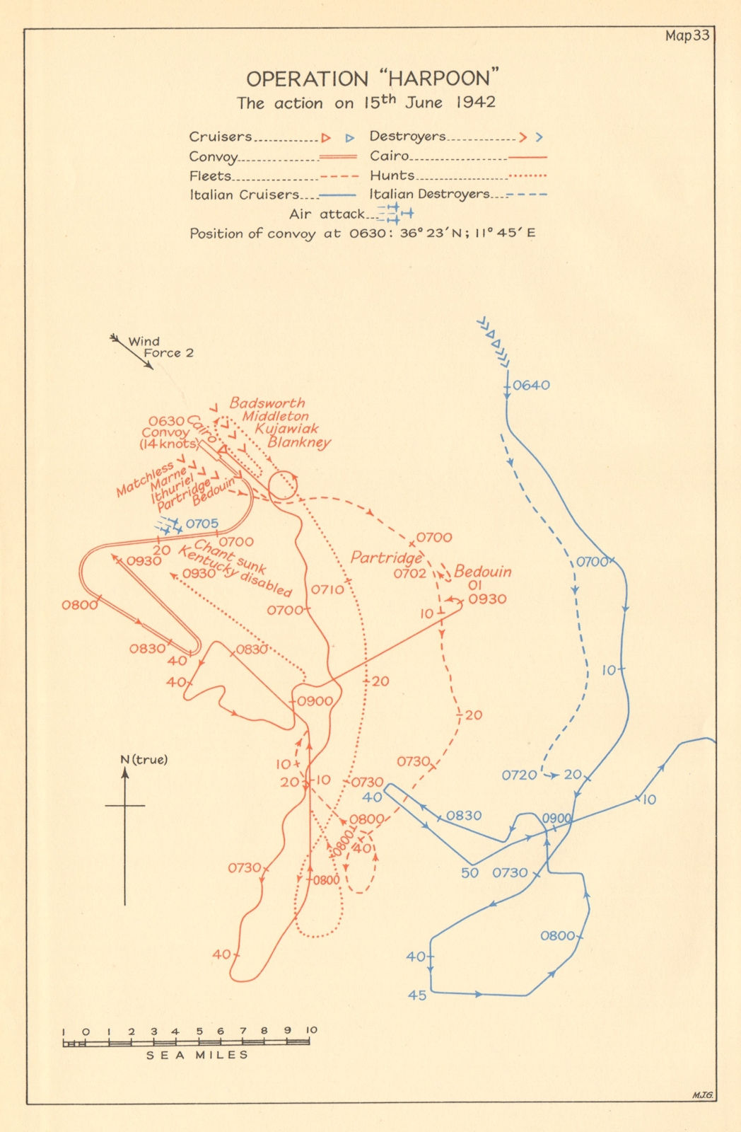 MALTA CONVOY Operation Harpoon 15 June 1942 Battle of Pantelleria WW2 1960 map