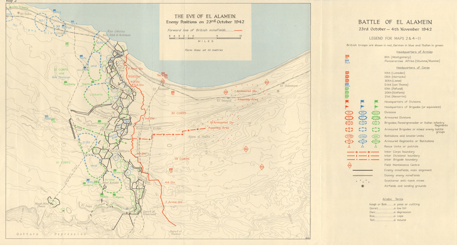 Eve of Battle of El Alamein. Axis positions 23 October 1942 World War 2 1966 map