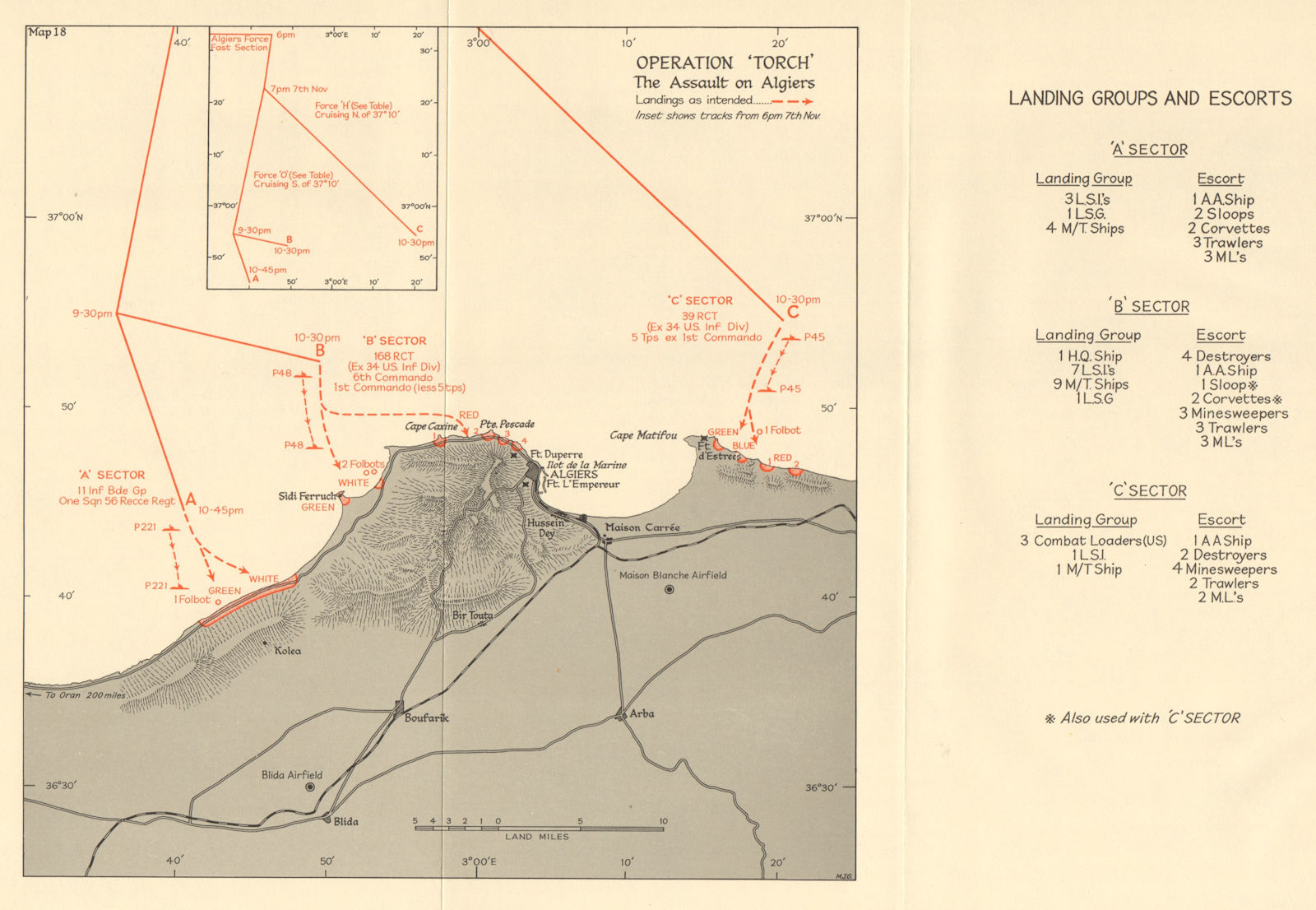 Operation Torch.  The Assault on Algiers 6-7 November 1942. World War 2 1966 map