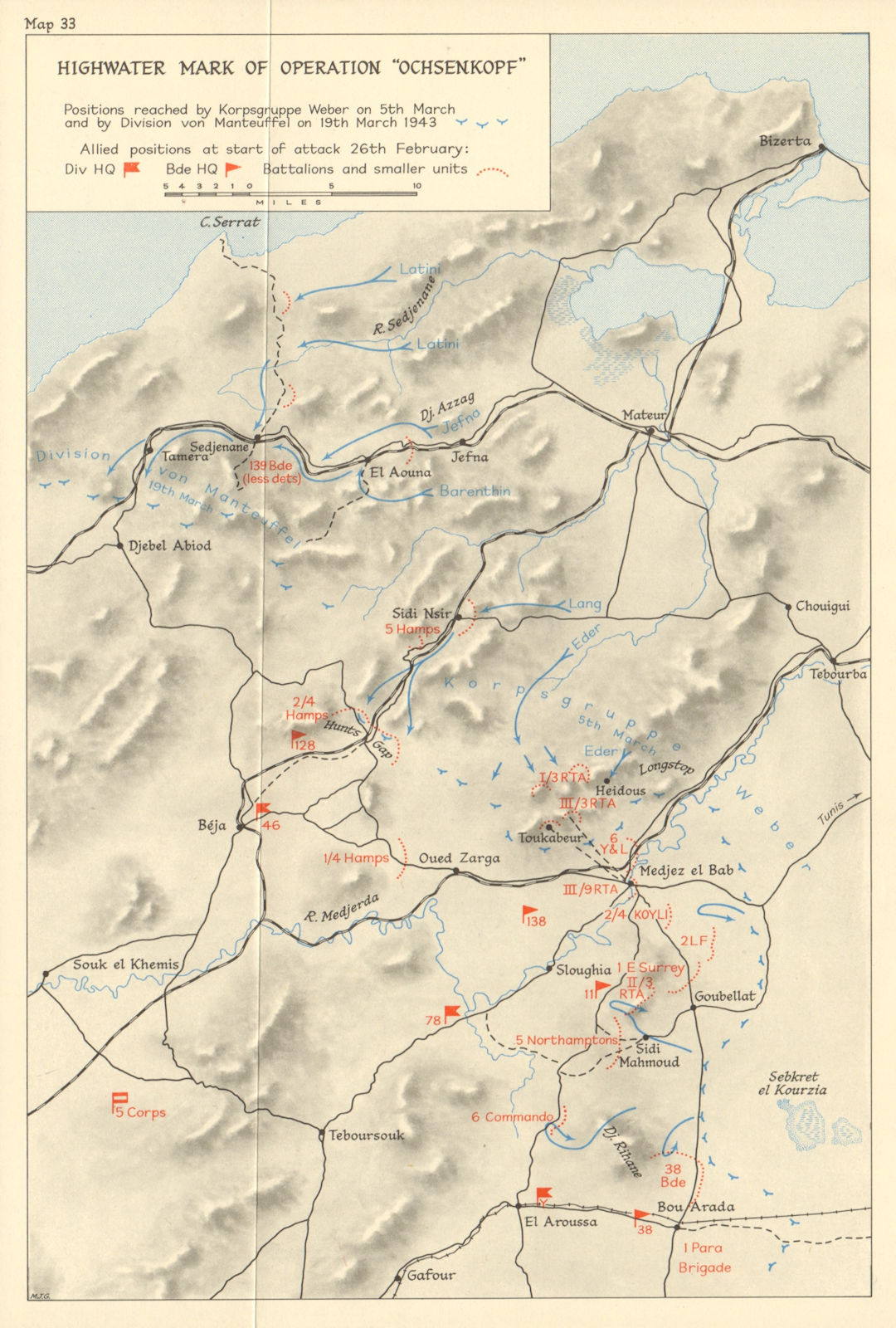 Operation Ochsenkopf highwater mark March 1943. Sidi Nsir. World War 2 1966 map
