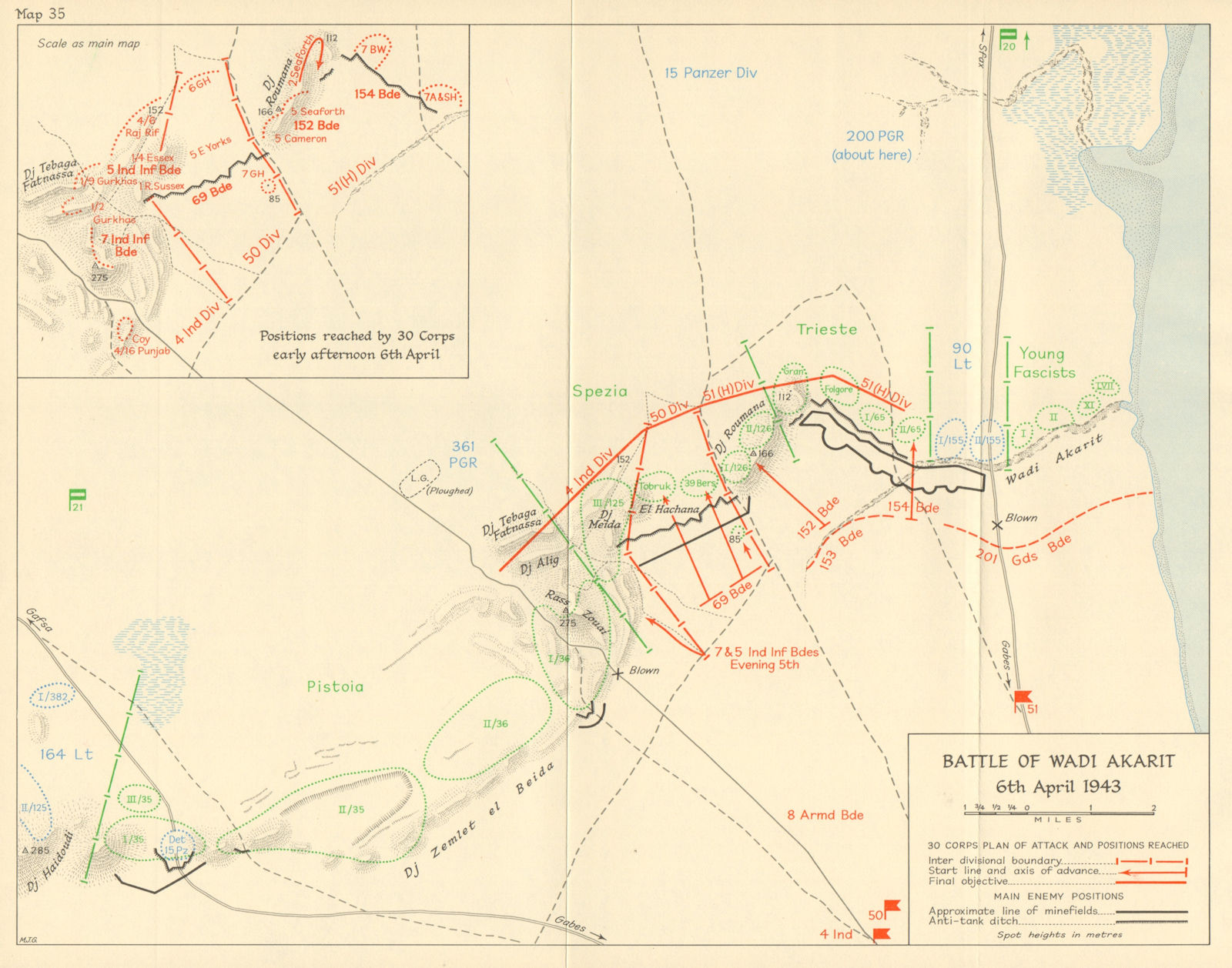Battle of Wadi Akarit 6 April 1943. 30 Corps. Tunisia. World War 2 1966 map
