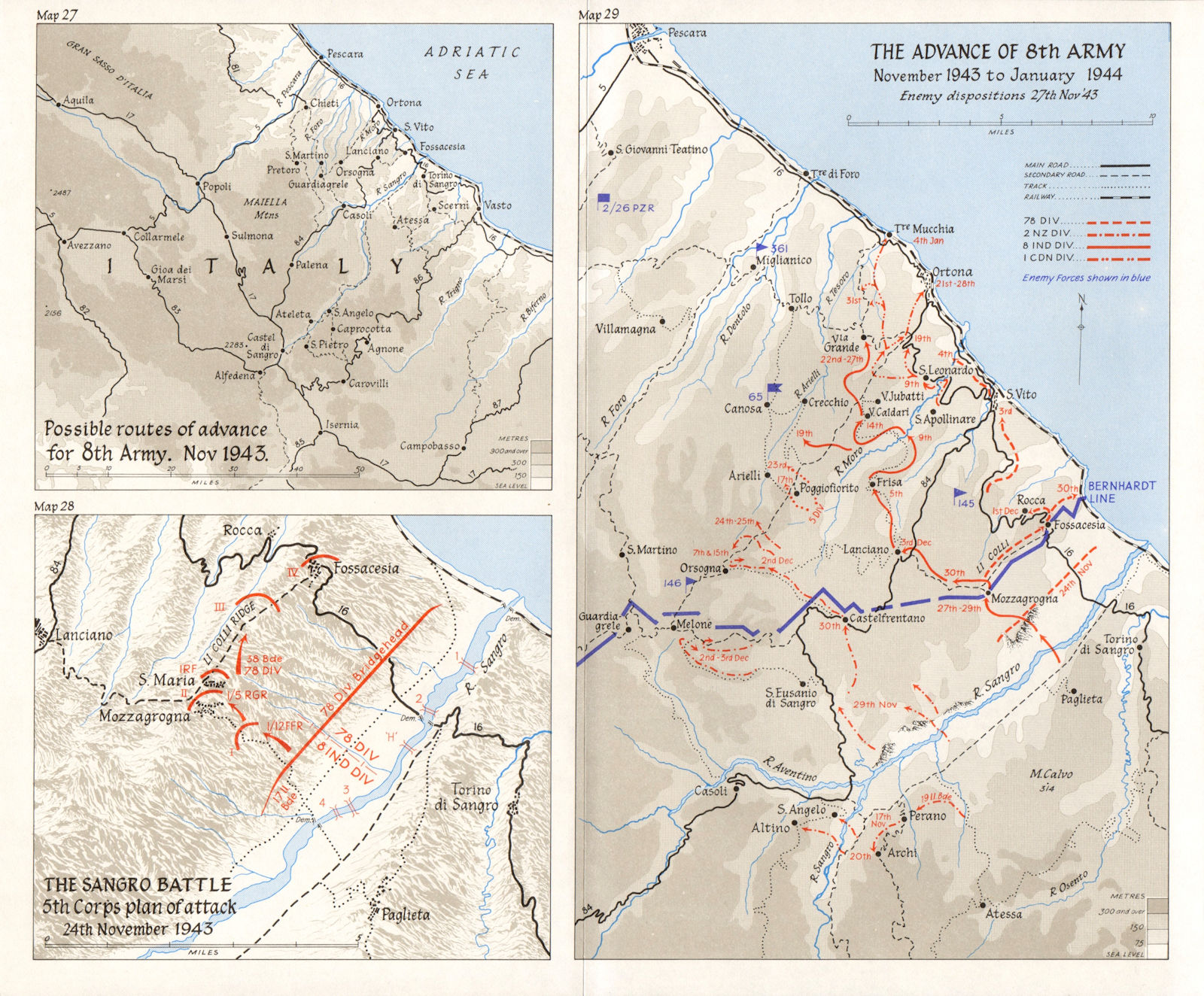 BERNHARDT LINE. Advance 8th Army Nov 1943 to Jan 1944; Sangro 5th Corps 1973 map