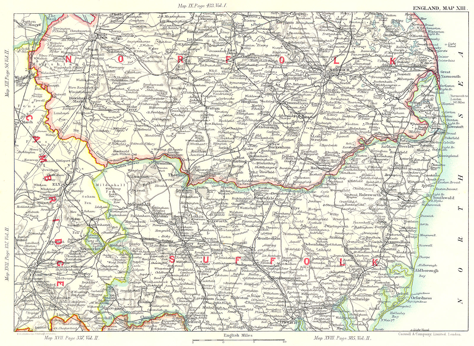 EAST ANGLIA. Suffolk Norfolk Broads Fens Cambridge Norwich Ipswich 1893 map