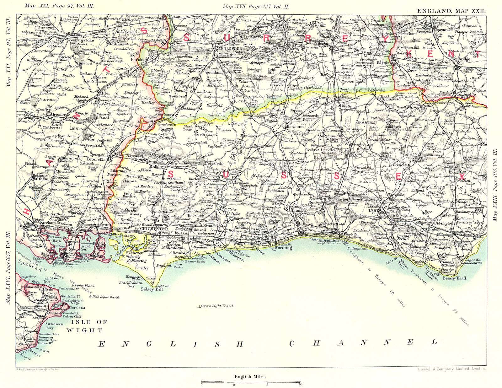 Associate Product SOUTH DOWNS & SURREY HILLS. Sussex Hampshire Kent Guildford Brighton 1893 map