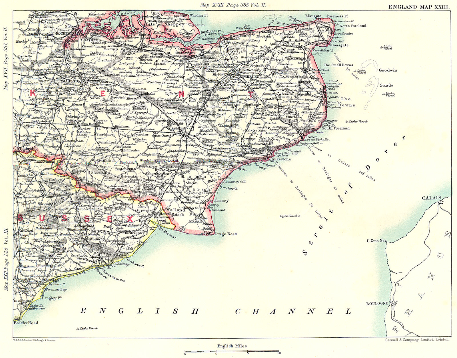 KENT & EAST SUSSEX COAST. Dover Rochester Chatham Maidstone Canterbury 1893 map