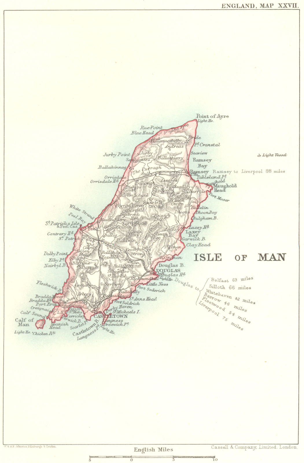 Associate Product ISLE OF MAN. Ferry distances/lighthouse. Castletown Douglas Ramsey 1893 map