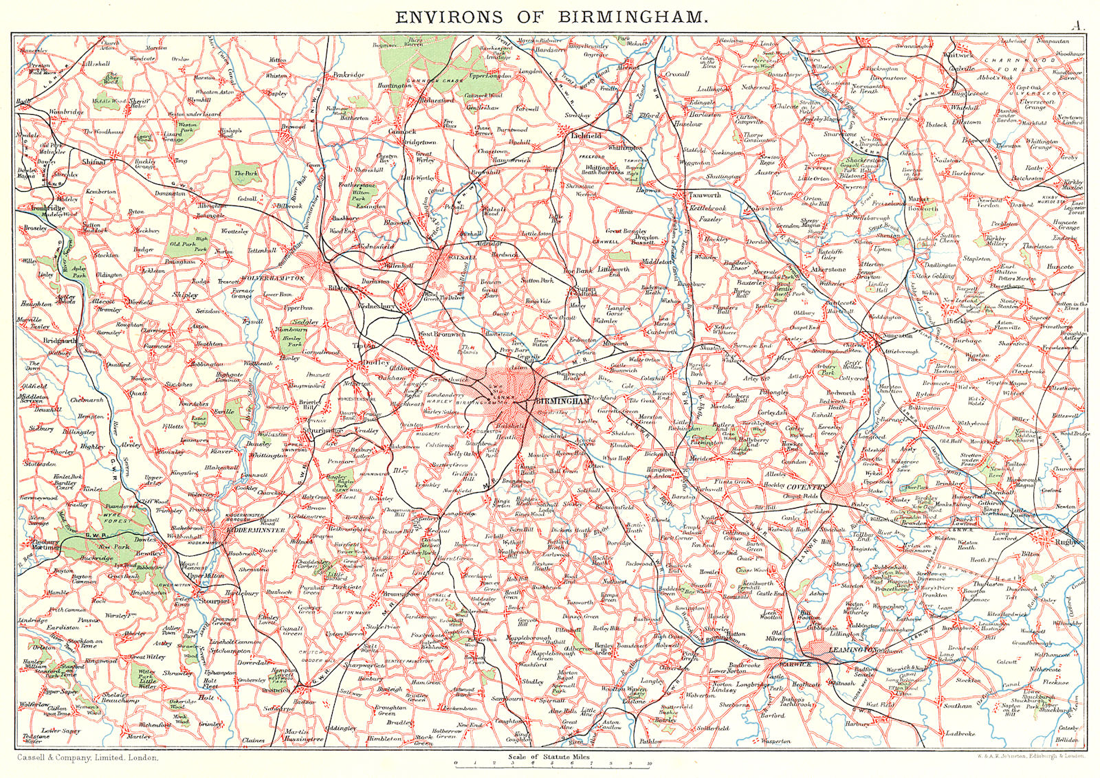Associate Product WEST MIDLANDS.Birmingham environs.Coventry Warwick Wolverhampton Rugby 1893 map