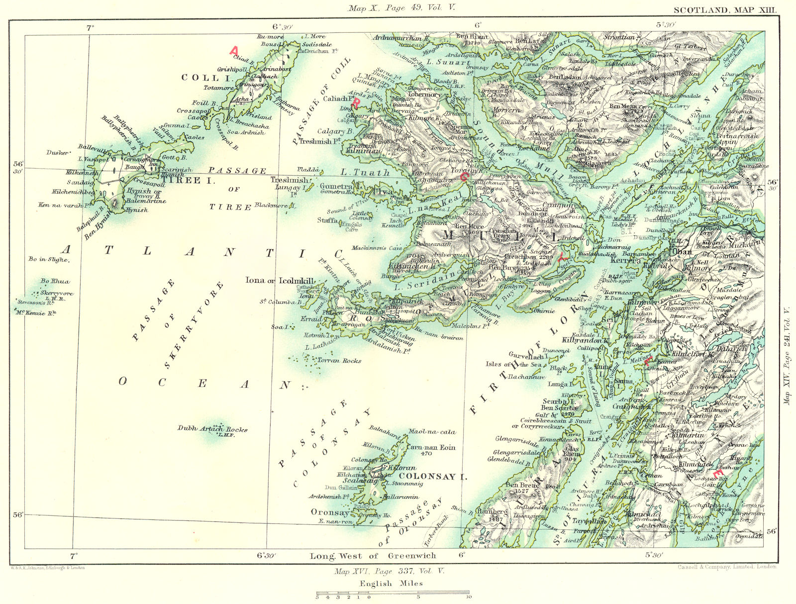 INNER HEBRIDES / ARGYLL. Mull Colonsay Jura Coll Tiree Firth of Lorn 1893 map