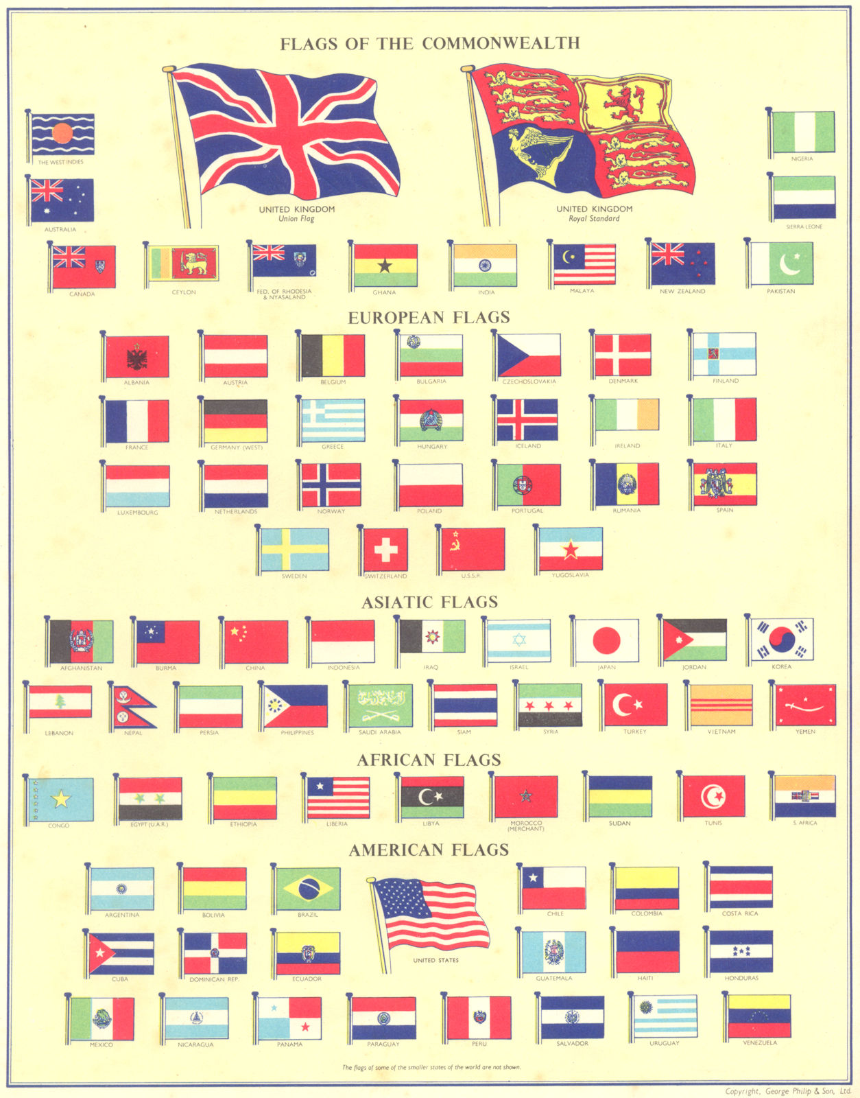 FLAGS. Commonwealth; European; Asiatic; African; American 1962 old vintage map