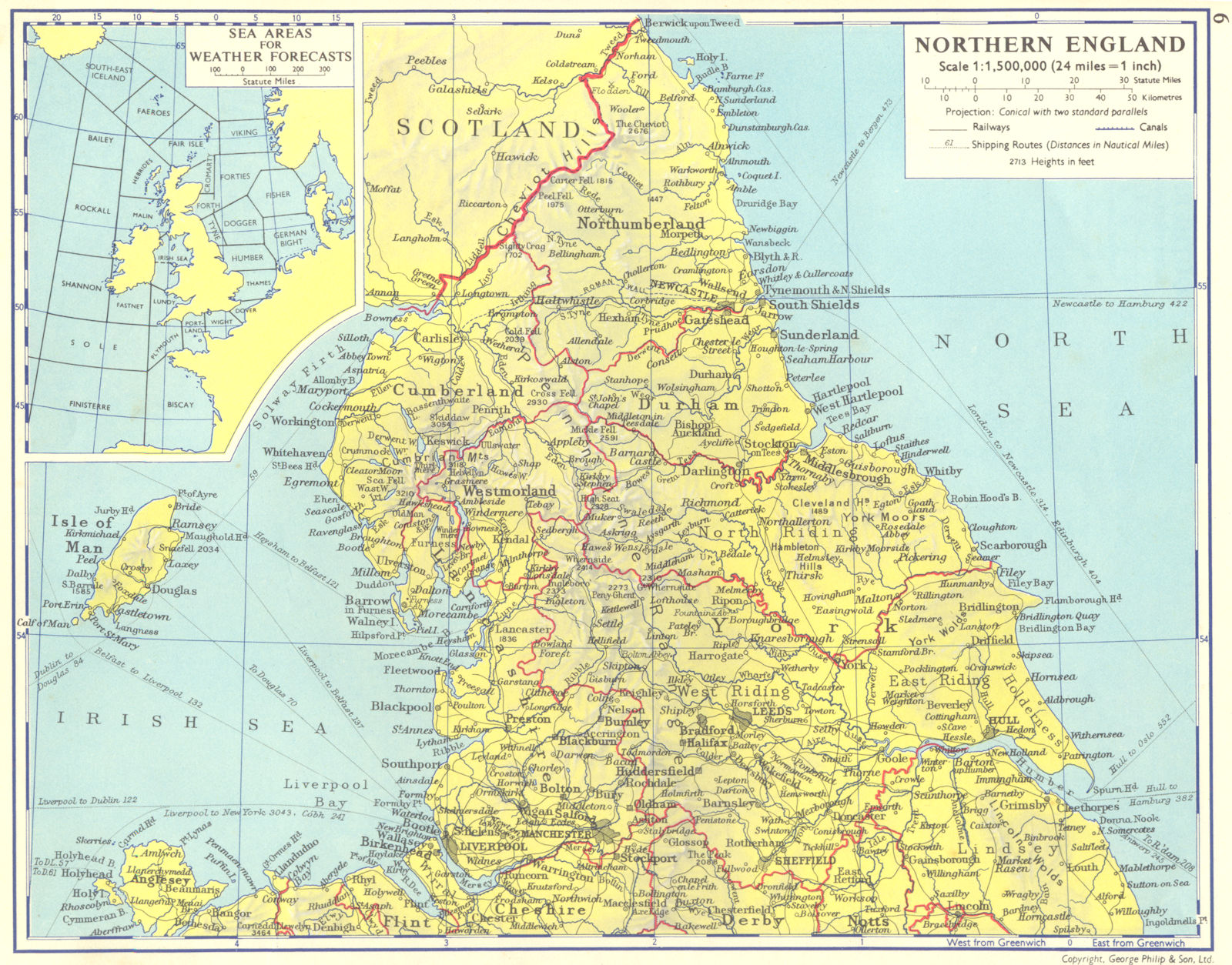 ENGLAND. Northern England; Inset UK sea areas for weather forecasts 1962 map
